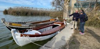 Barca eléctrica tradicional en el lago de Albufera con personas observando