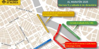 Mapa que muestra los cortes de tráfico para el Maratón de Valencia 2025.