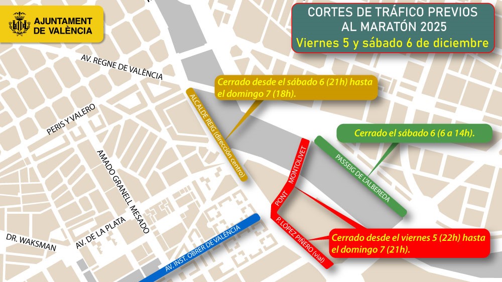 Mapa que muestra los cortes de tráfico para el Maratón de Valencia 2025.