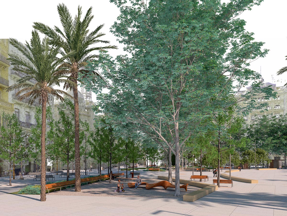 Vista de la nueva plaza del Ayuntamiento de Valencia con árboles y bancos