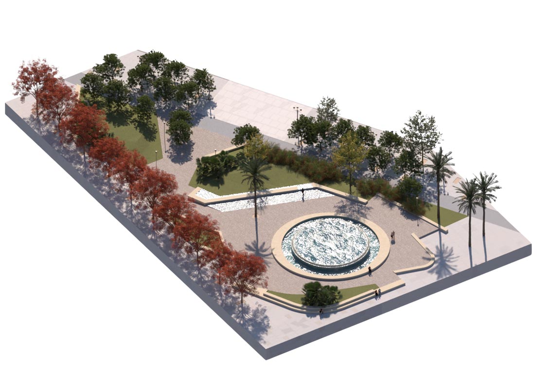 Diseño de la nueva plaza del Ayuntamiento de Valencia con elipse y áreas verdes.