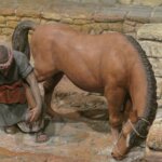 Escena de un hombre trabajando junto a un caballo en un entorno rústico.