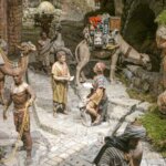 Escena de comercio antiguo con figuras y camellos en un entorno detallado.