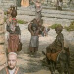 Figuras de personas en un entorno rural con jarras y un burro.