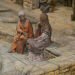 Dos mujeres sentadas conversando en un entorno antiguo.