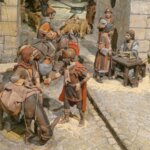 Representación de una escena histórica con figuras de artesanos y comerciantes.