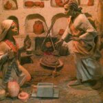 Representación de dos artesanos en un entorno histórico