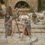 Representación de artesanos en un pueblo antiguo con ovejas.