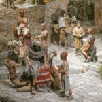 Representación de una escena histórica con camellos y personajes en vestimenta tradicional.