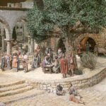 Representación de una escena histórica con figuras en miniatura en un entorno urbano.