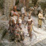 Figuras históricas en una escena con camellos y personas