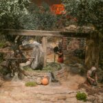 Representación de una escena histórica en un olivar tradicional con figuras humanas.