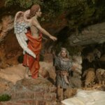 Escena de la natividad con un ángel y un pastor.