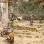 Escena pastoral con figuras de personas y animales en un entorno natural