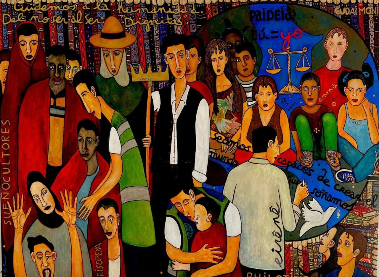 Pintura de Antonio Camaró que representa un mensaje de paz y diálogo cultural.