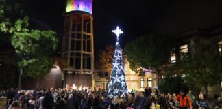 Celebración navideña en Massanassa con árbol iluminado y gente disfrutando.