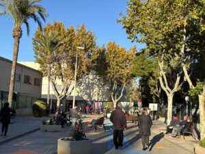Zona escolar peatonal en el carrer Terol con árboles y bancos