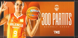 Queralt Casas mostrando el balón de baloncesto tras alcanzar 300 partidos