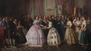 Cuadro de la recepción de Isabel II en el Palau de Cervelló con personajes históricos