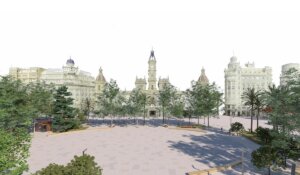 Render de la reurbanización de la Plaza del Ayuntamiento de Valencia con árboles y bancos.
