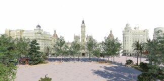Render de la reurbanización de la Plaza del Ayuntamiento de Valencia con árboles y bancos.