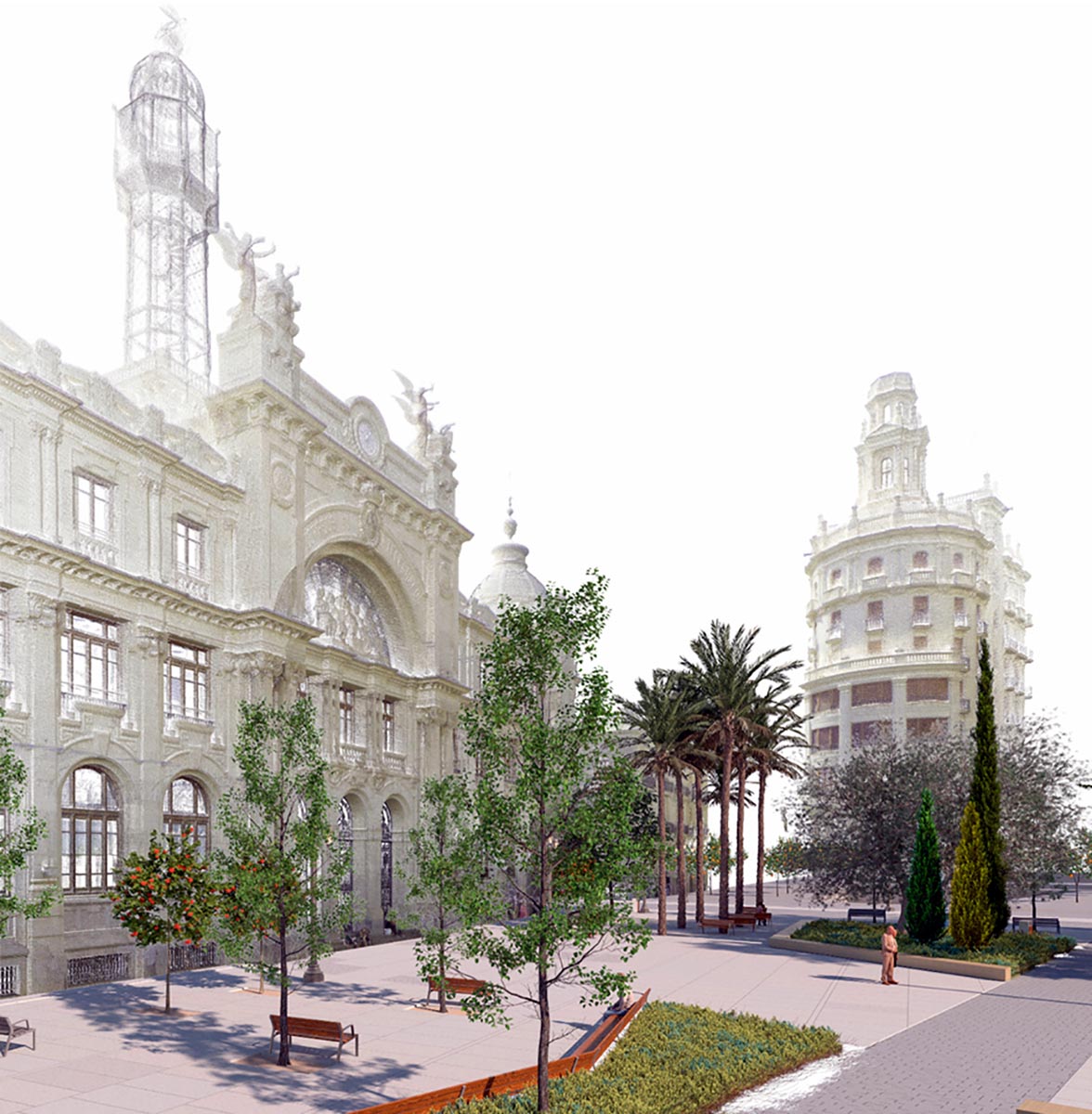 Render de la reurbanización de la Plaza del Ayuntamiento de Valencia con elipse.