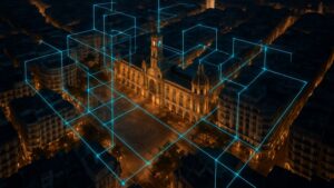 Vista nocturna del Ajuntament de València con elementos tecnológicos