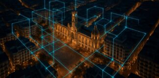 Vista nocturna del Ajuntament de València con elementos tecnológicos