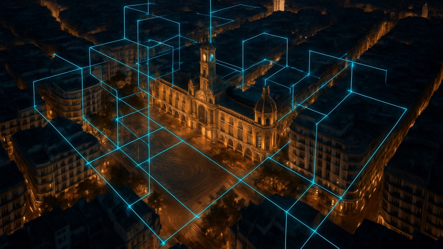 Vista nocturna del Ajuntament de València con elementos tecnológicos