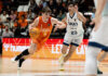 El partido que Valencia Basket U22 ganó tres veces Jugador de Valencia Basket U22 driblando el balón durante un partido contra Manresa.