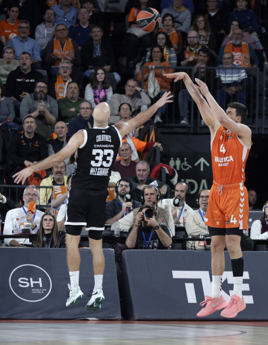 Jugador de Valencia Basket lanzando a canasta contra Partizan en EuroLeague.