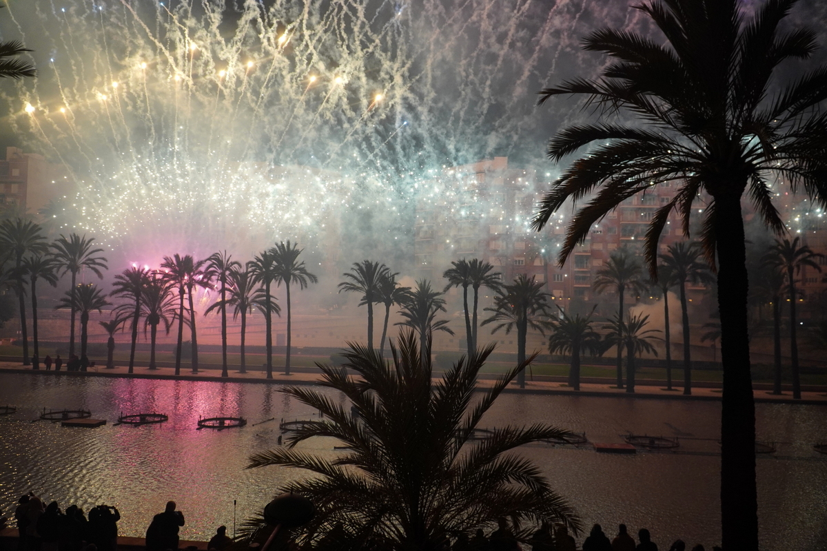 Fuegos artificiales iluminan el cielo sobre el Palau de la Música en Valencia.