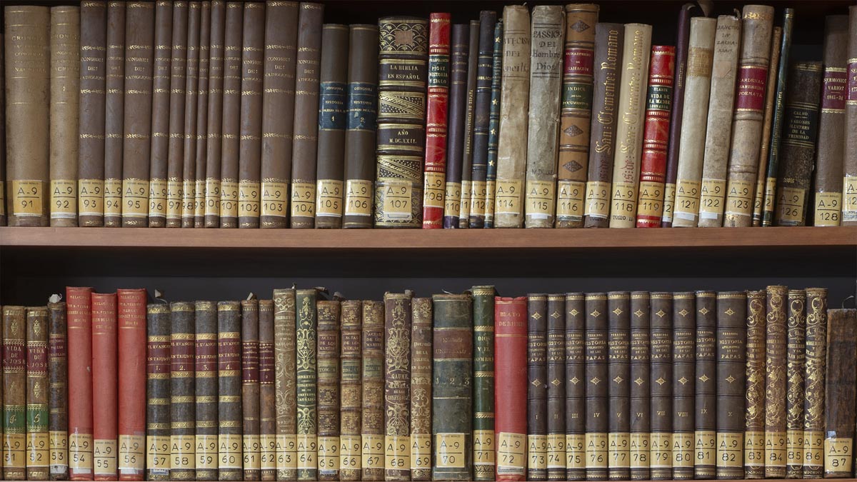 Estantería con libros antiguos de la Biblioteca Serrano Morales en el Palau de Cervelló