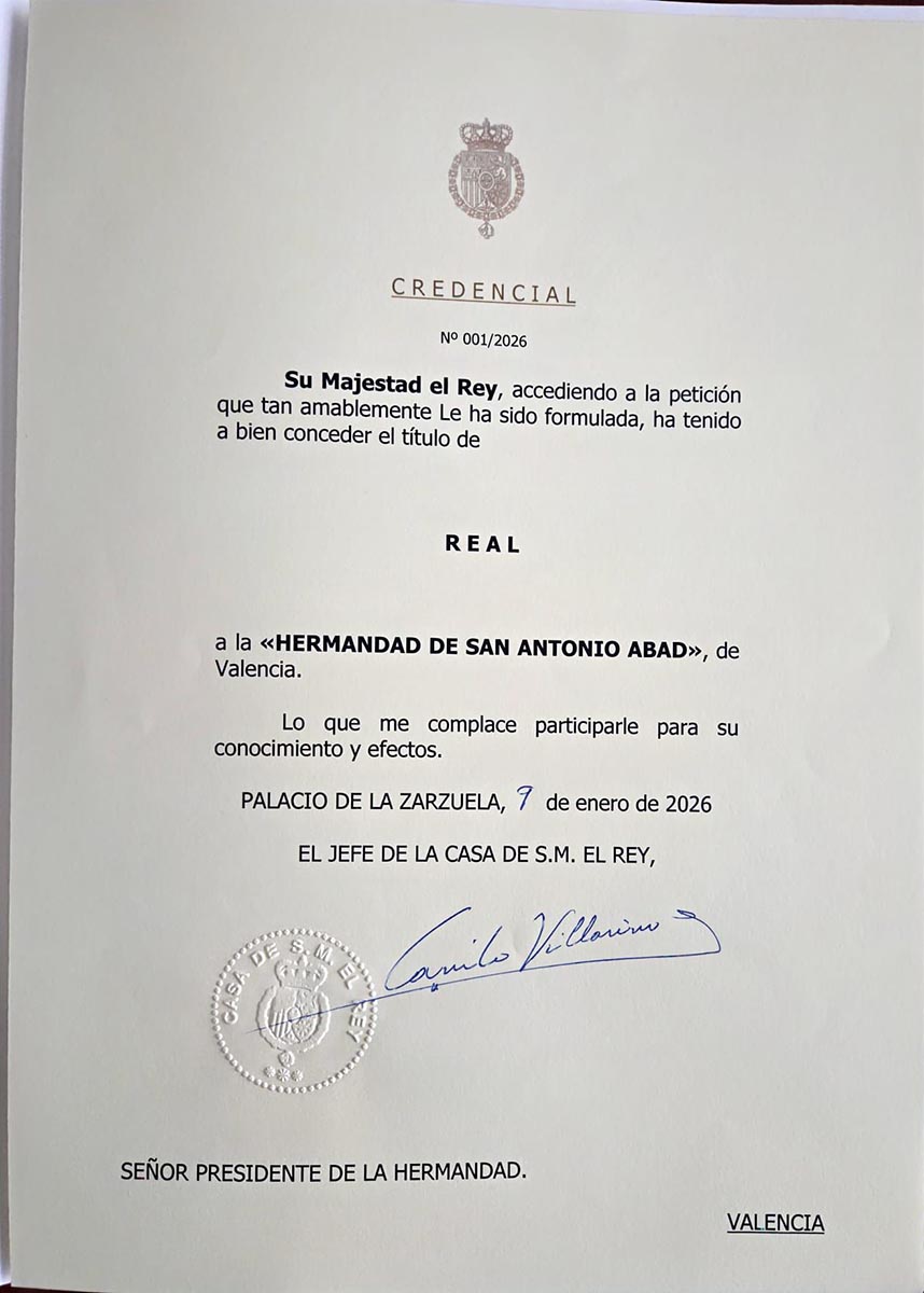 Carta de concesión del título de Real a la Hermandad de San Antonio Abad