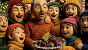 Grupo de personajes animados celebrando el año nuevo con alegría