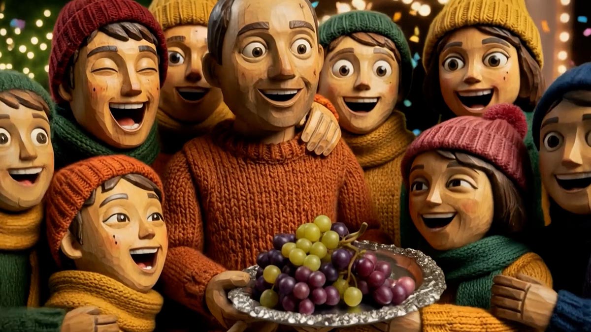 Grupo de personajes animados celebrando el año nuevo con alegría