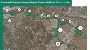 Mapa de la sectorización del sistema de parques metropolitanos en la cuenca del Poio.