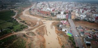 Vista aérea de Torrent mostrando áreas afectadas por inundaciones