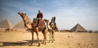 Turistas montando camellos frente a las pirámides de Egipto