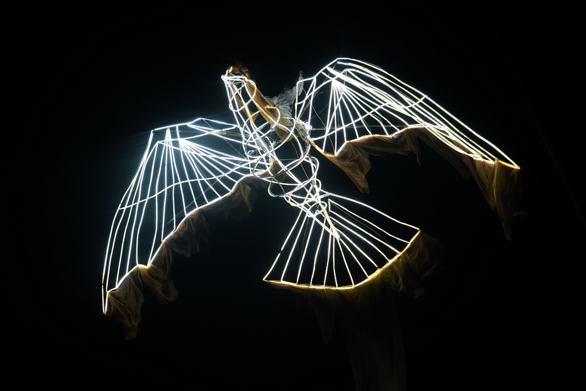 Escultura luminosa de un ave en el evento Doimingo de Cridida en Valencia