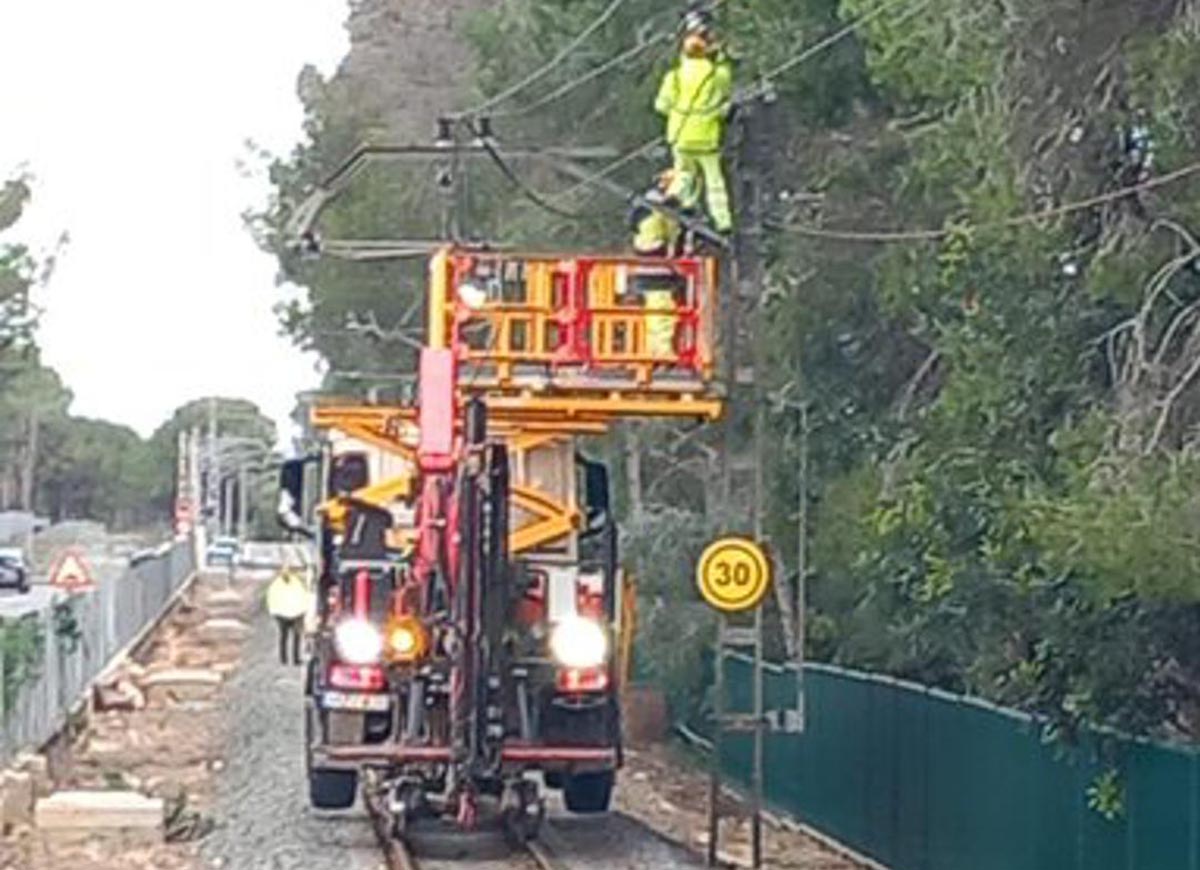 Trabajadores reparando daños tras la caída de un árbol en la línea 2 de Metrovalencia