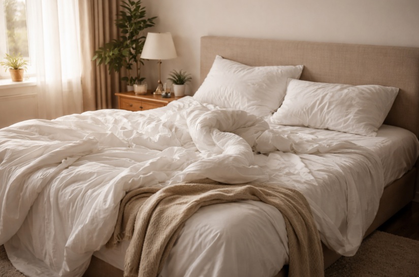 Cama con sábanas blancas y almohadas en un dormitorio acogedor