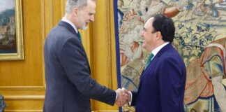 El rey Felipe VI y el president Pérez Llorca se dan la mano en un encuentro