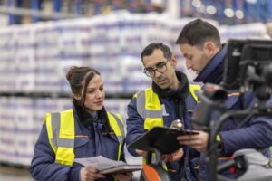 Tres trabajadores de la plantilla de Mercadona revisando documentos en un almacén