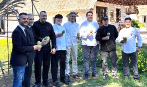 Grupo de chefs sosteniendo alcachofas en El Puig de Santa María