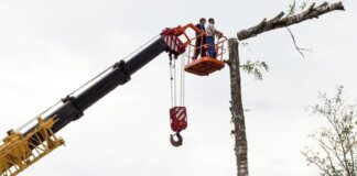 Trabajadores en una plataforma elevadora realizando tareas en altura