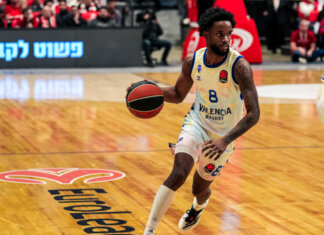 Jugador del Valencia Basket driblando en un partido en Tel Aviv
