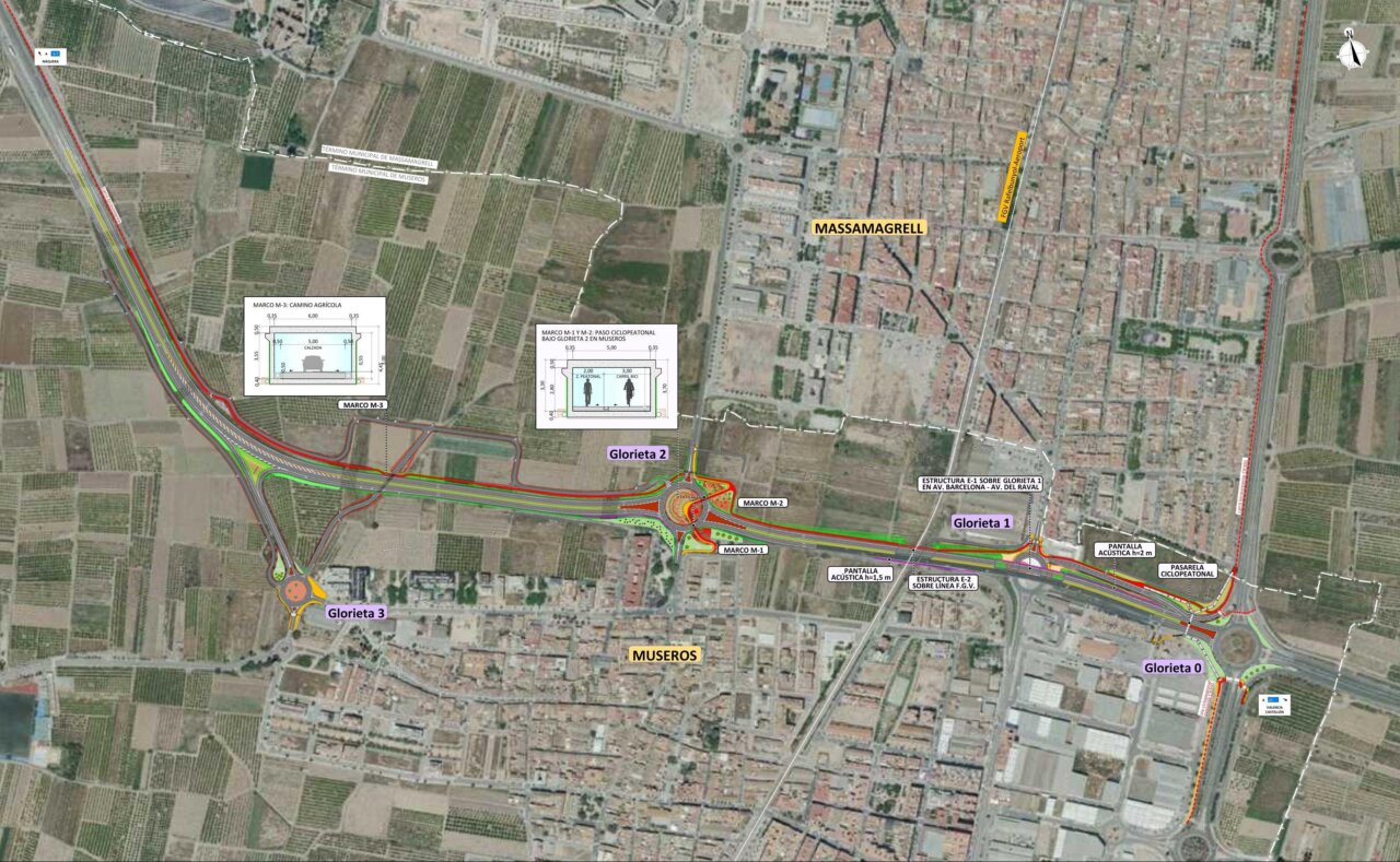 Mapa de las obras de mejora en la carretera CV-32 entre Museros y Massamagrell