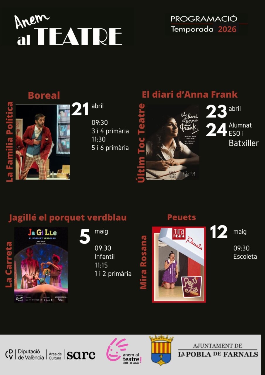 Cartel de actividades del programa Anem al Teatre en La Pobla de Farnals