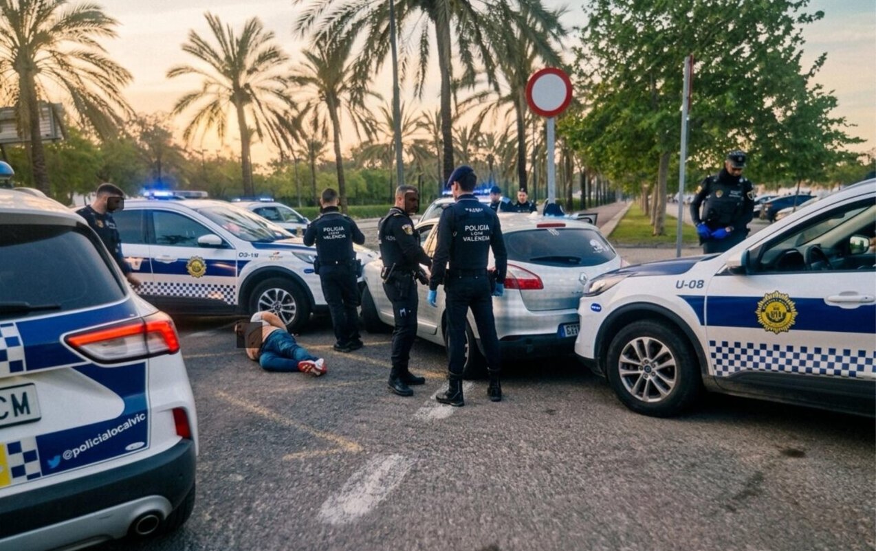 Policía Local de Valencia deteniendo a un taxista ilegal en la calle.